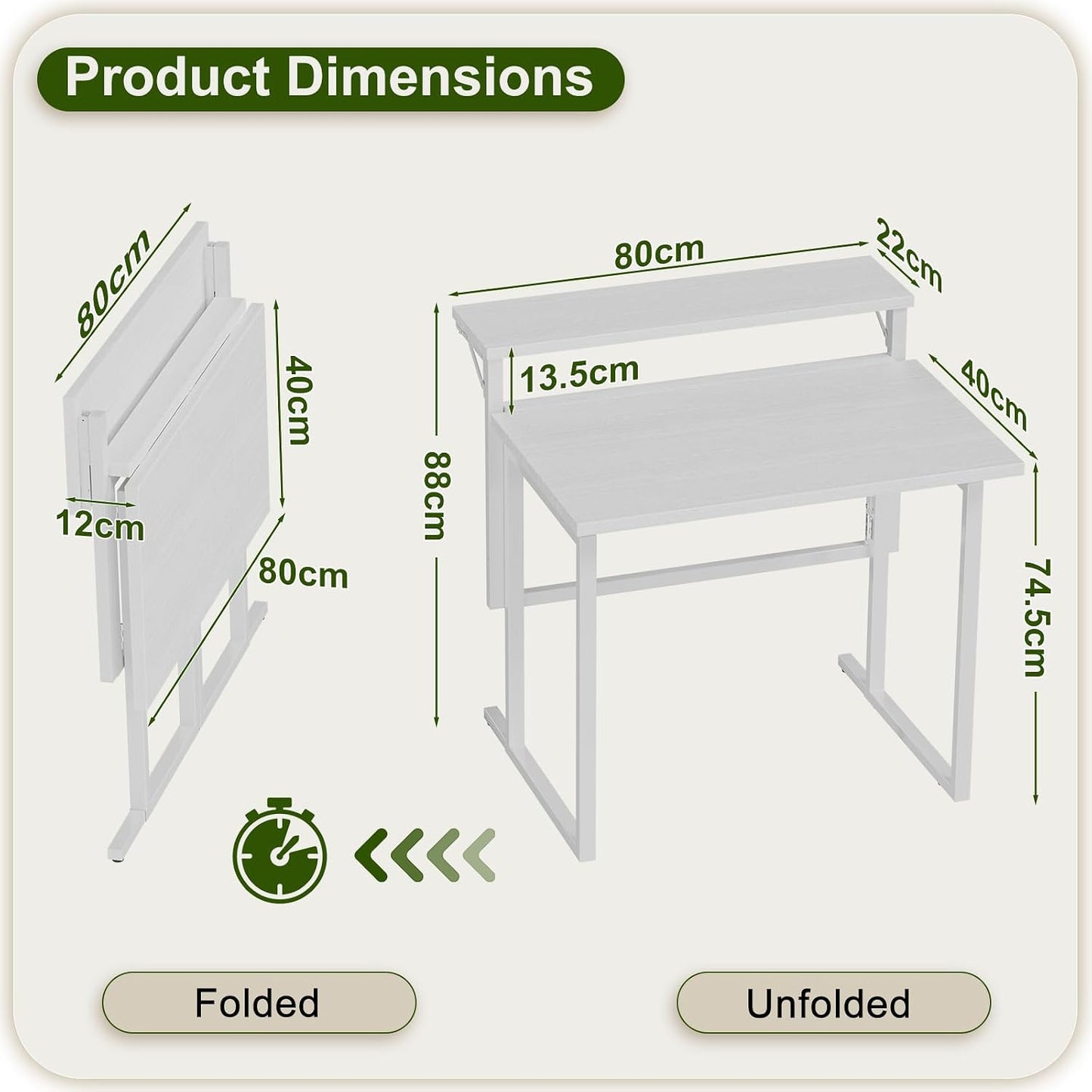 Foldable Desk,Small Desk with Monitor Shelf,2-Tier Folding Table for Home, Office, School, Computer Desk for Small Space,White