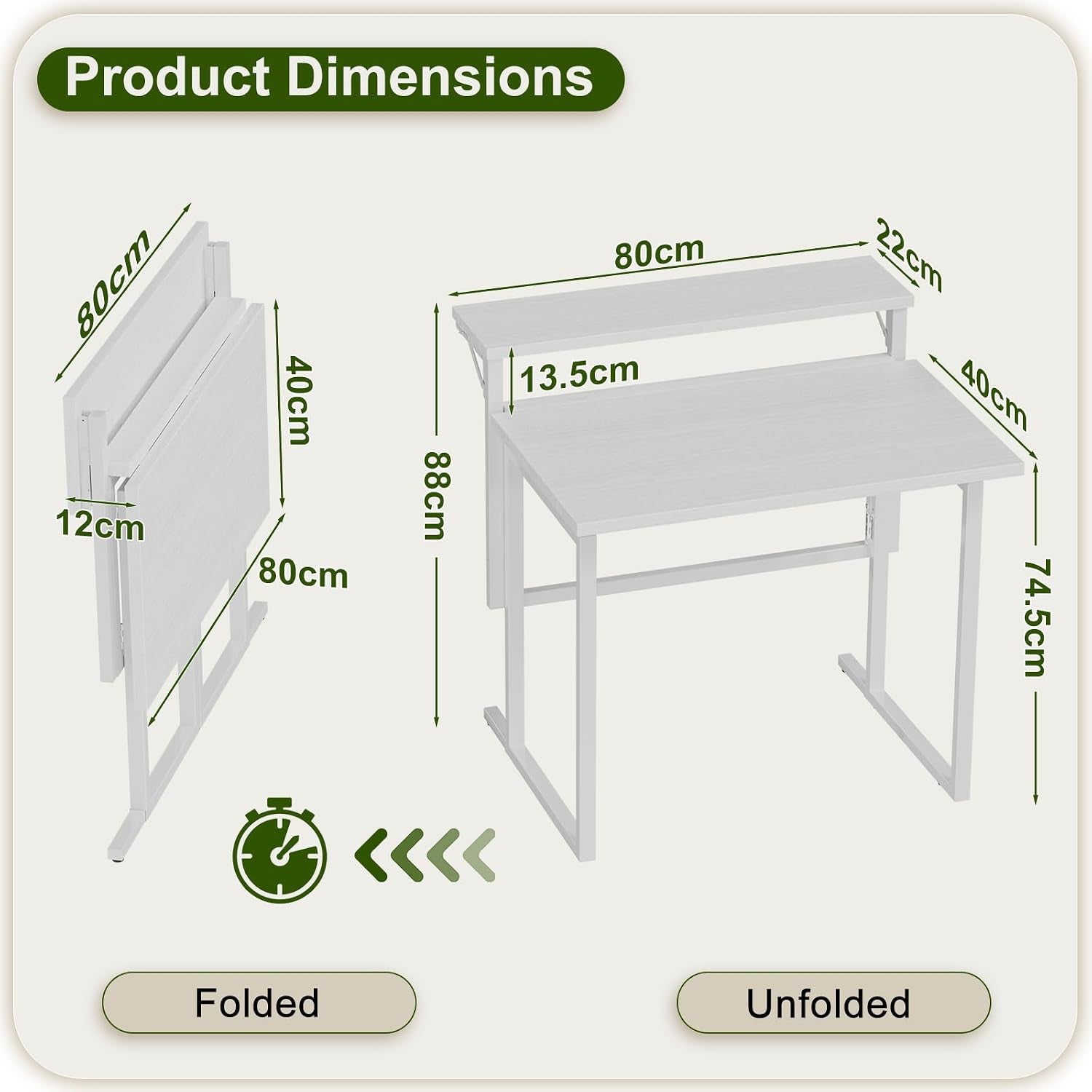 Foldable Desk,Small Desk with Monitor Shelf,2-Tier Folding Table for Home, Office, School, Computer Desk for Small Space,White