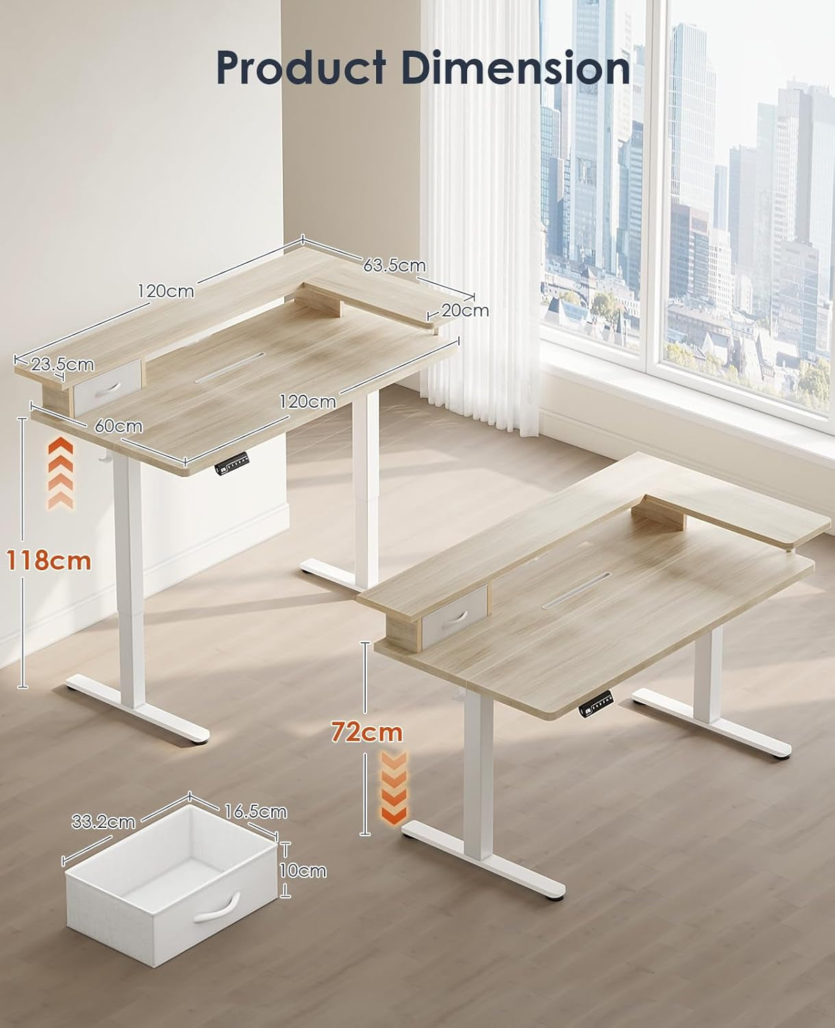 Standing Desk with Drawers & Monitor Stand, USB Port, 120Cm Beige