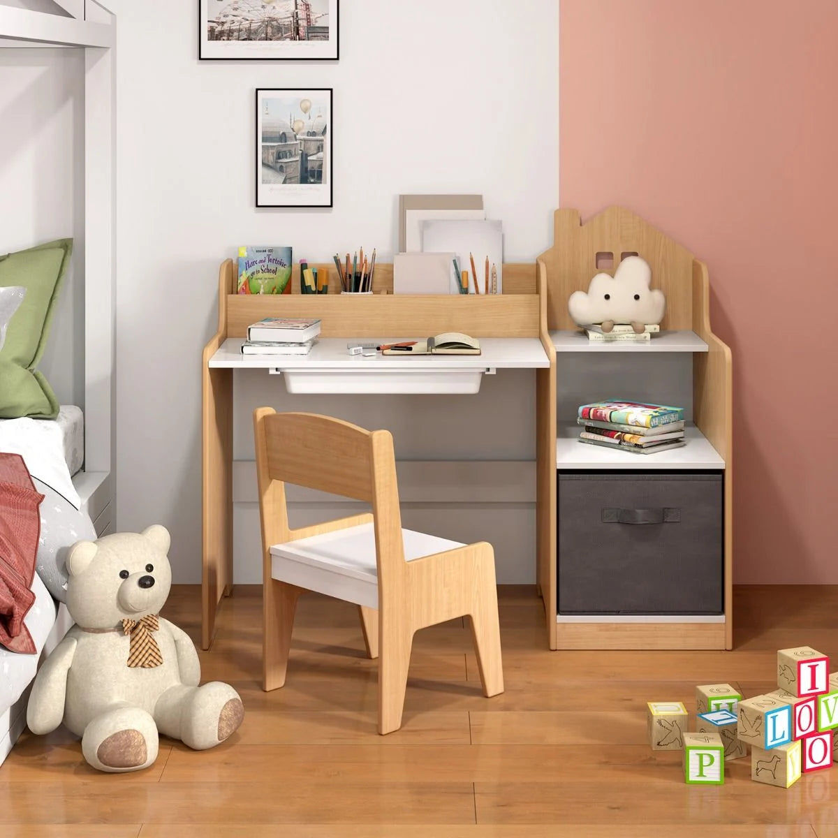 Kids Study Desk and Chair Set Children Study Table with Open Shelves