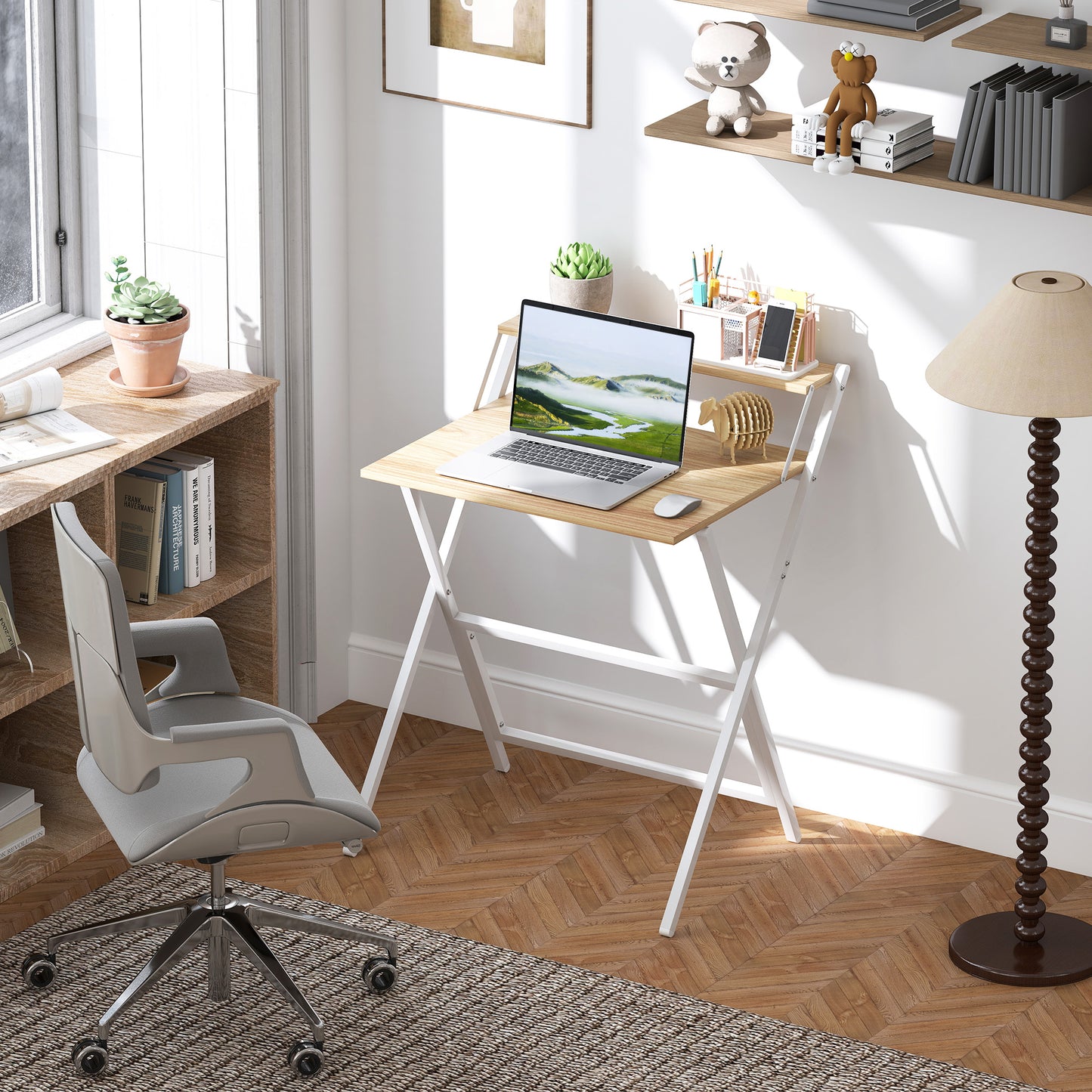 Small Folding Desk W/ Monitor Shelf 81.5 Cm Foldable Computer Desk Rustic Brown