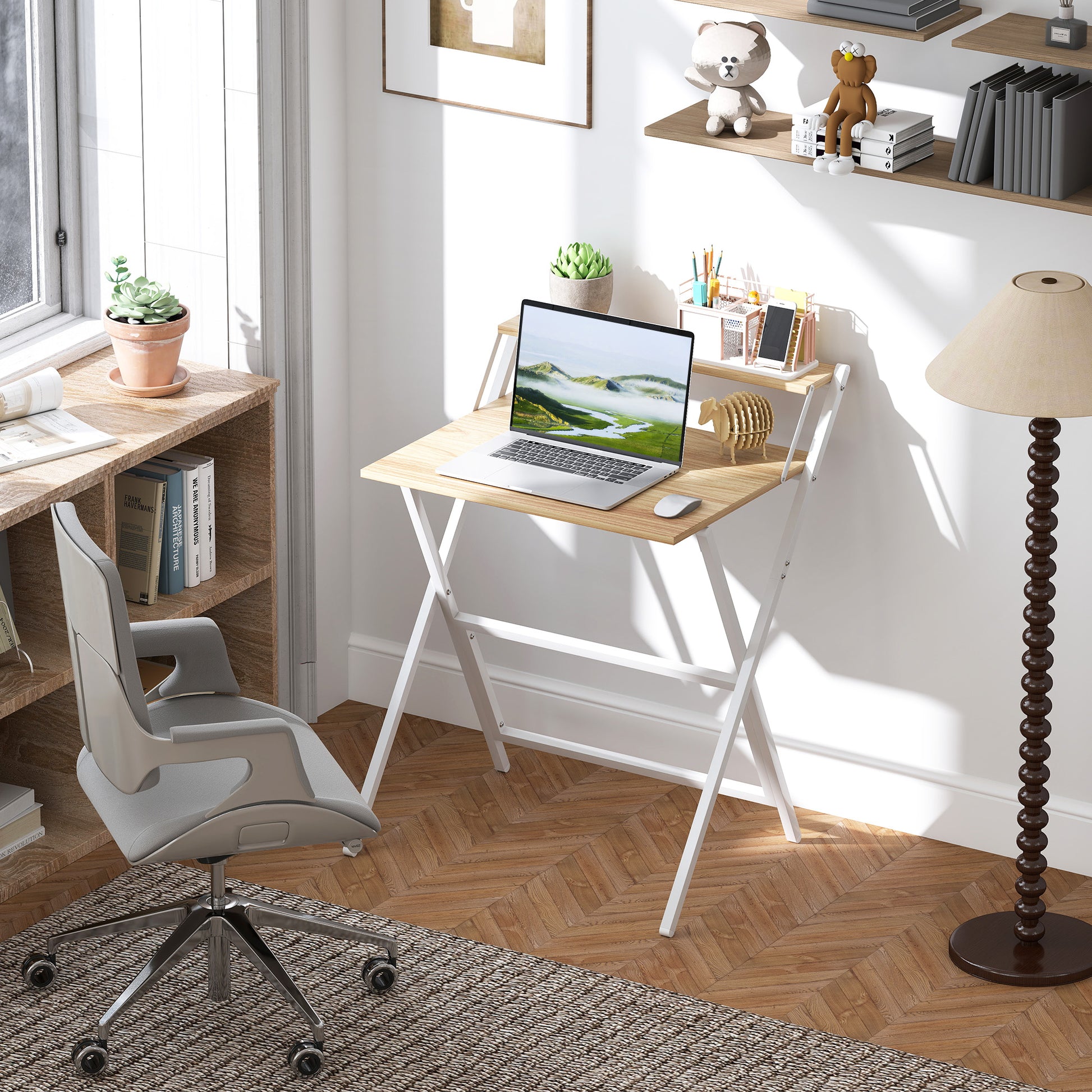 Small Folding Desk W/ Monitor Shelf 81.5 Cm Foldable Computer Desk Rustic Brown