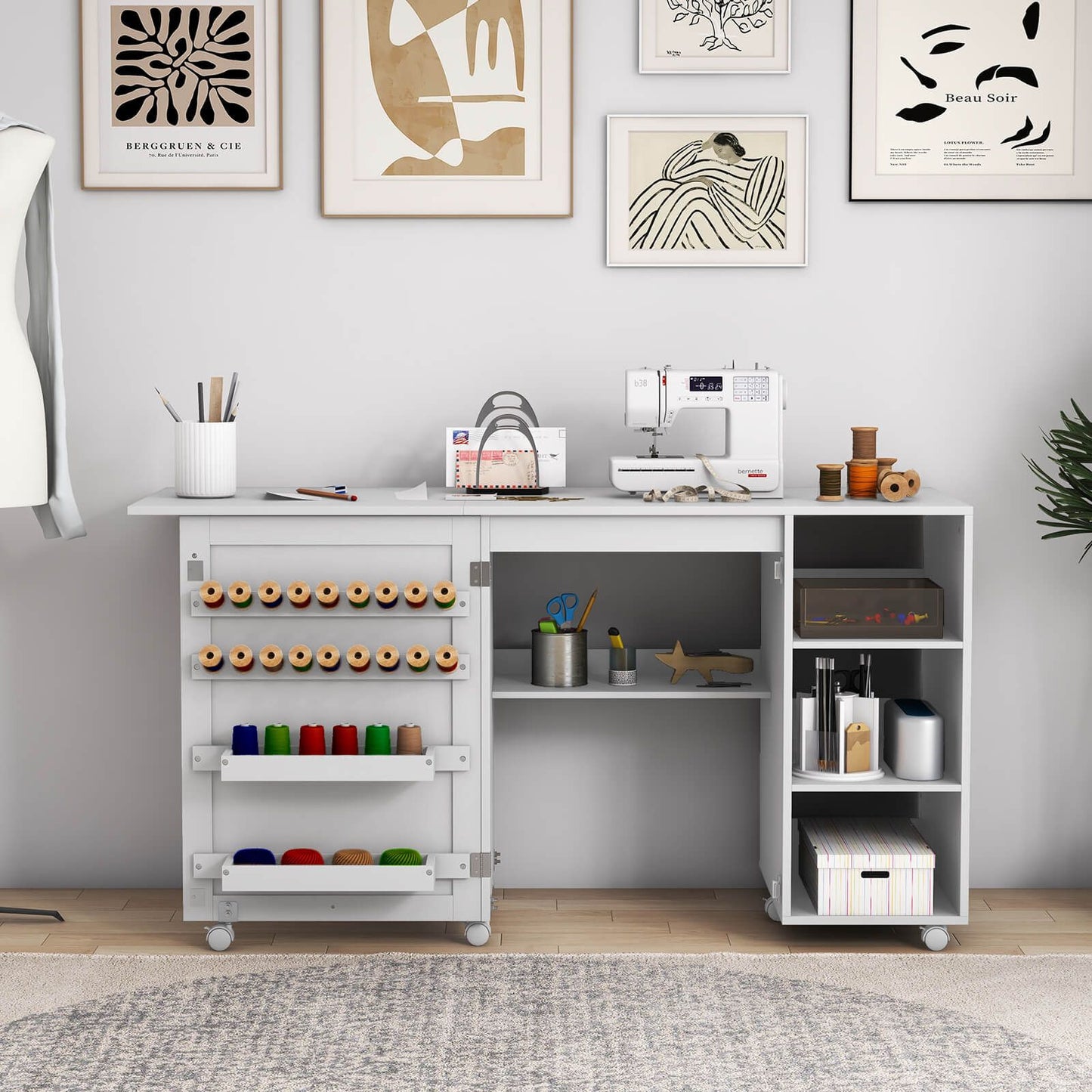 Folding Sewing Table with Storage Shelves and 18 Pegs and Lockable Casters