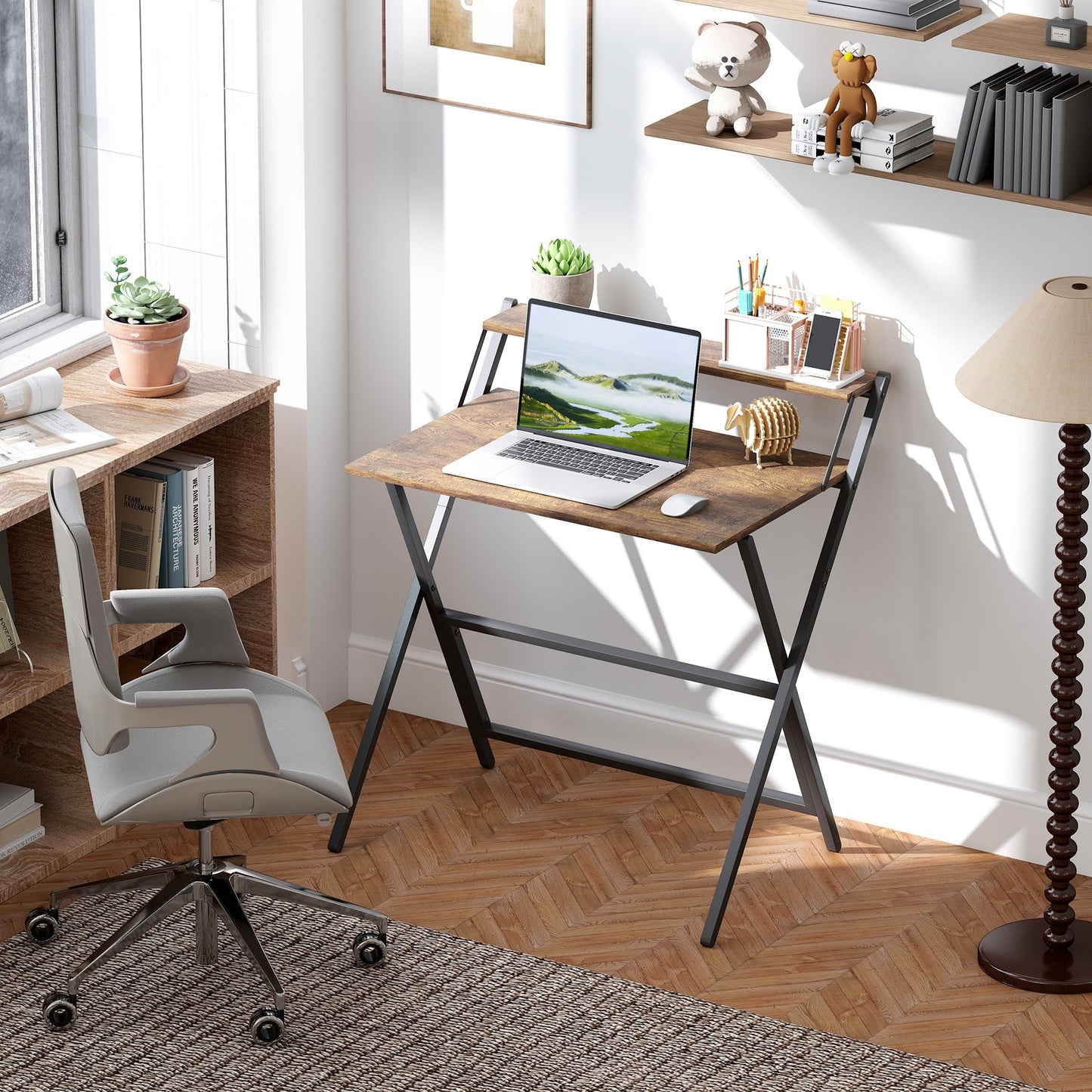 Small Folding Desk W/ Monitor Shelf 81.5 Cm Foldable Computer Desk Rustic Brown