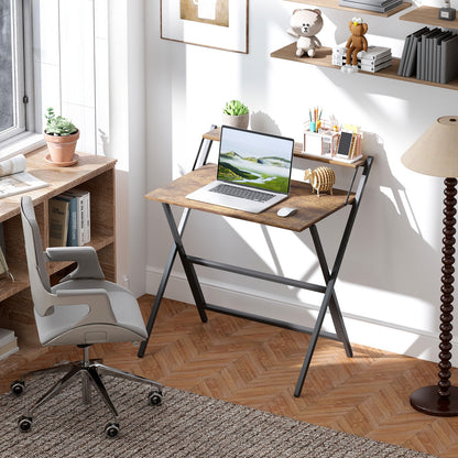 Small Folding Desk W/ Monitor Shelf 81.5 Cm Foldable Computer Desk Rustic Brown