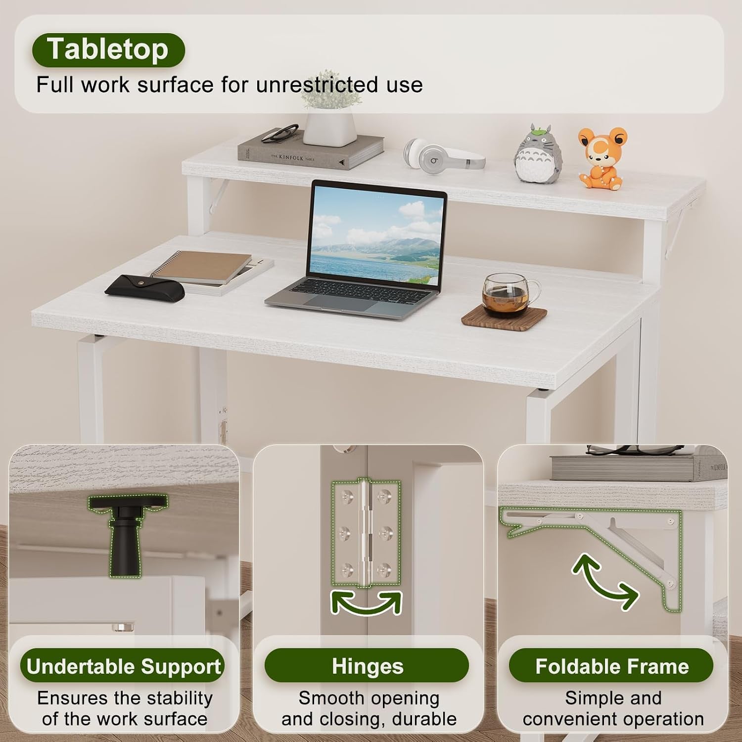 Foldable Desk,Small Desk with Monitor Shelf,2-Tier Folding Table for Home, Office, School, Computer Desk for Small Space,White