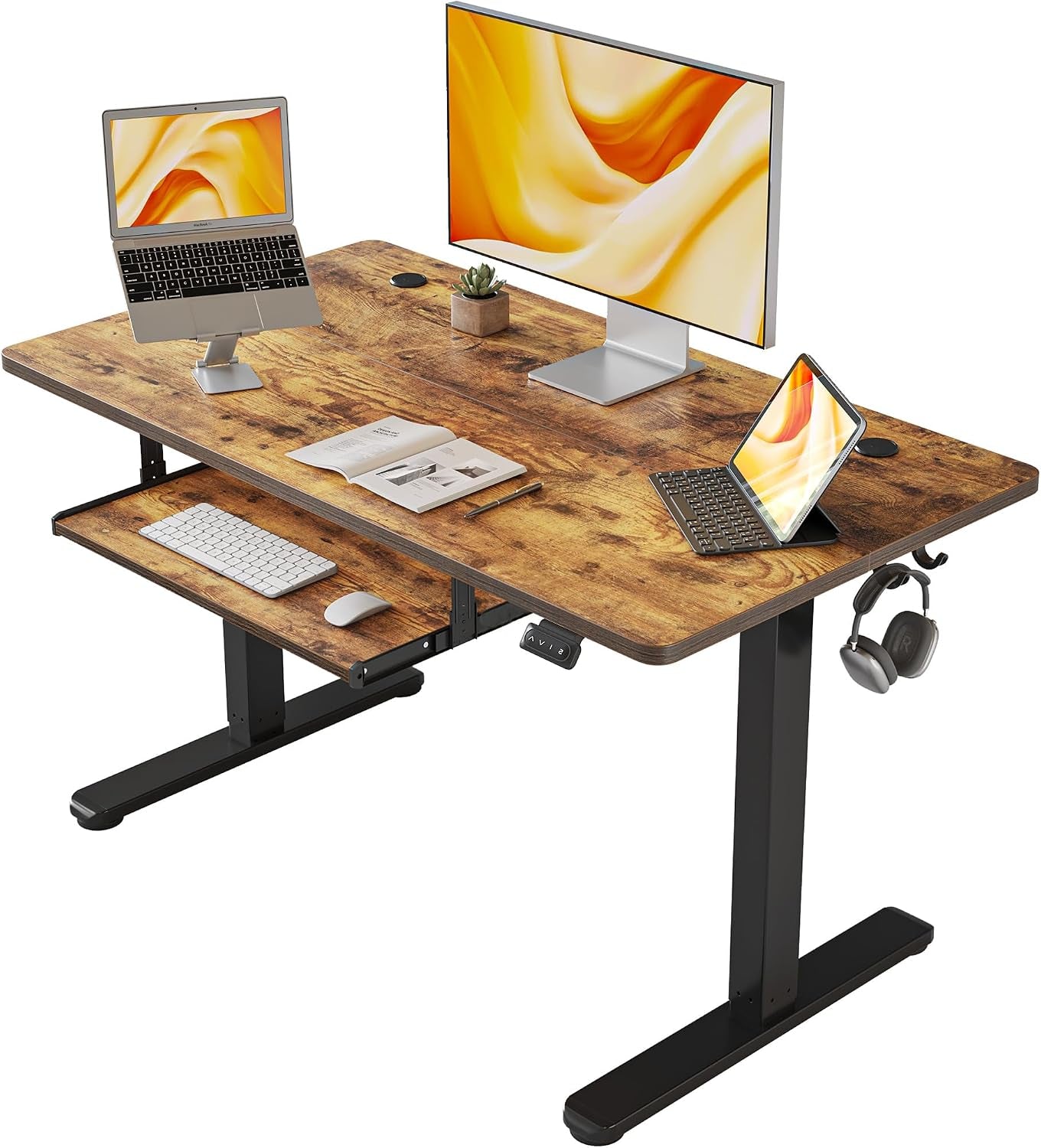 Height Adjustable Electric Standing Desk with Keyboard Tray, 100 X 60 Cm Sit Stand up Desk with Splice Board, Black Frame/Rustic Brown Top