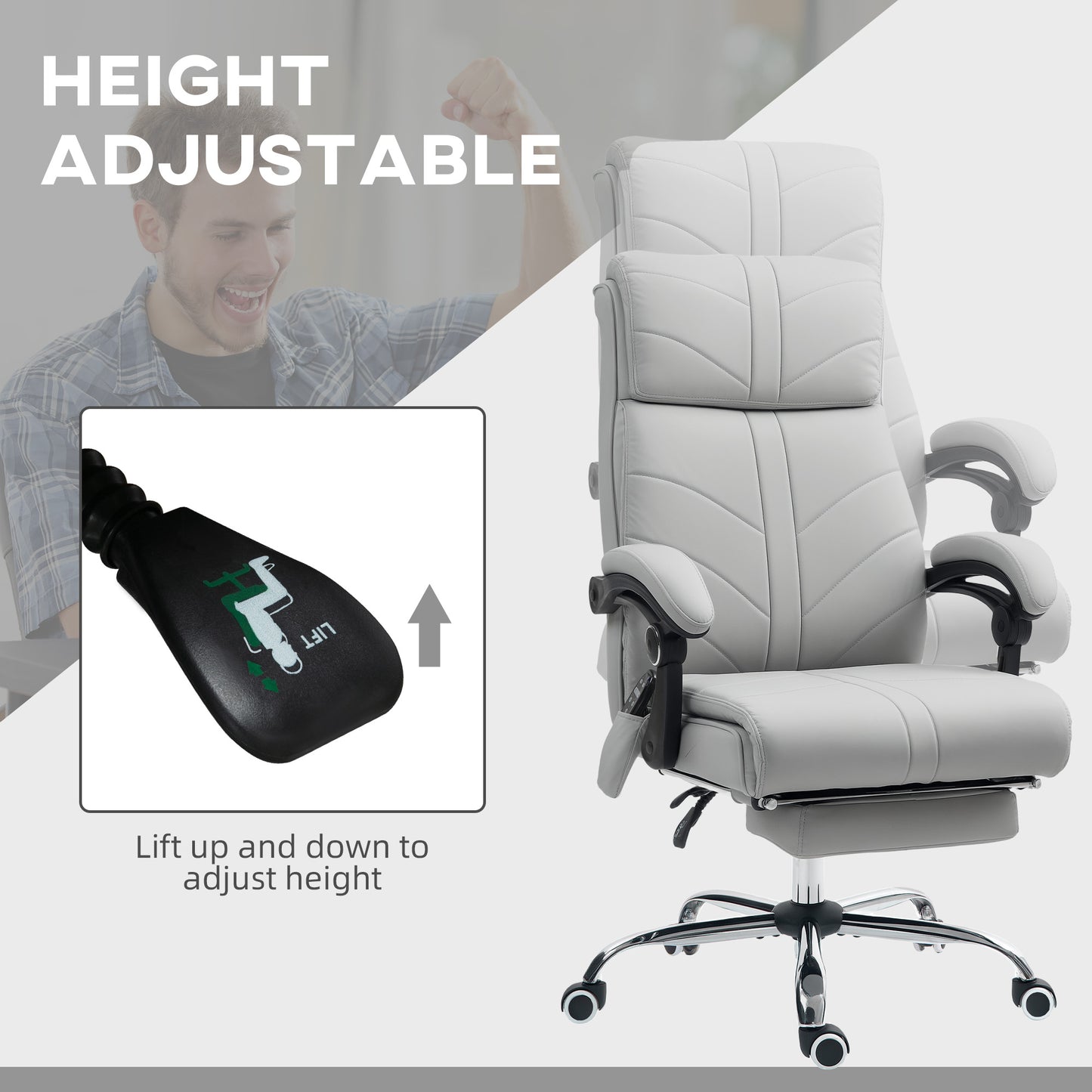 Office Chair with 4 Point Vibration Massage and Heat, Footrest, Light Grey