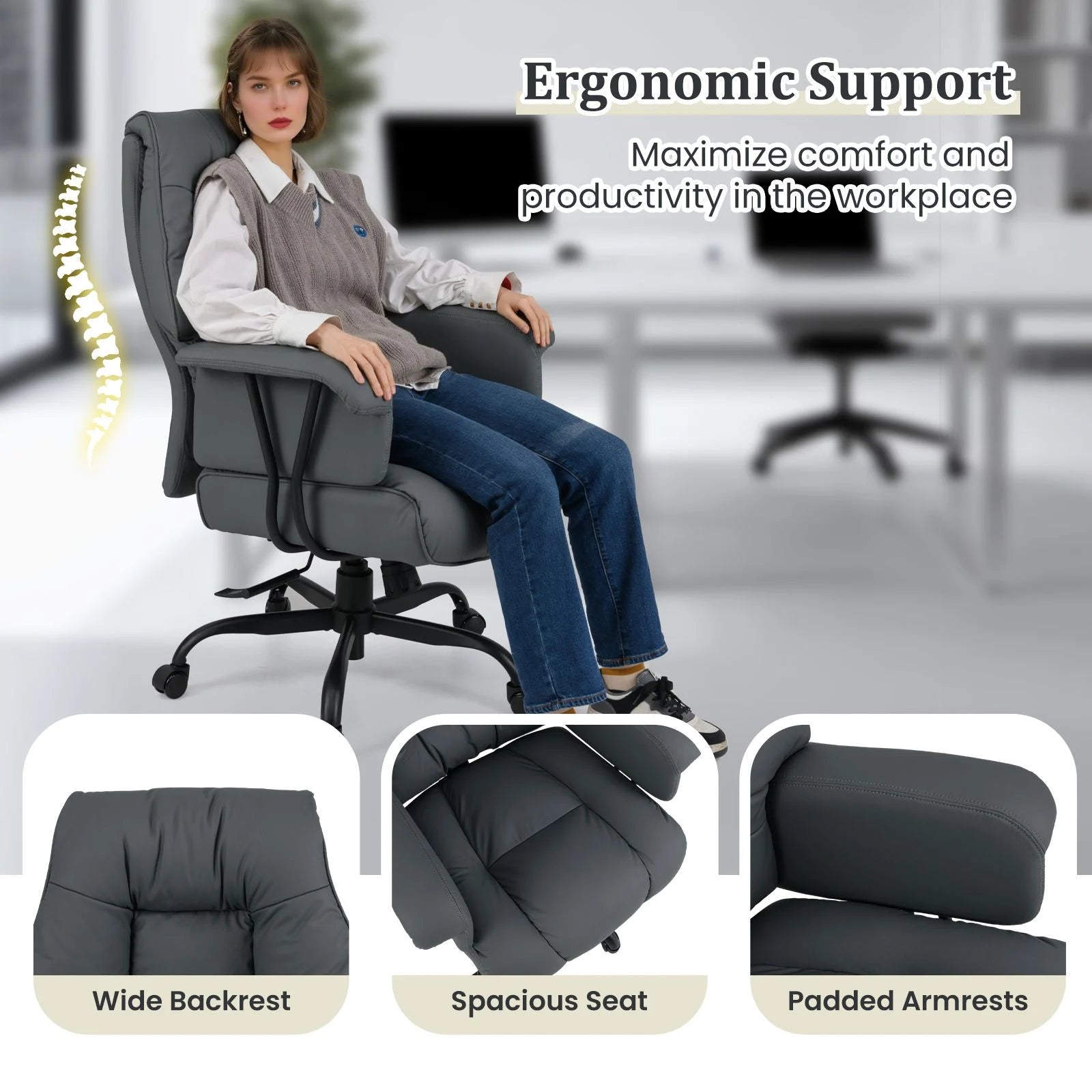 Ergonomic Office Chair with Spring Cushion Seat and Adjustable Swivel Seat