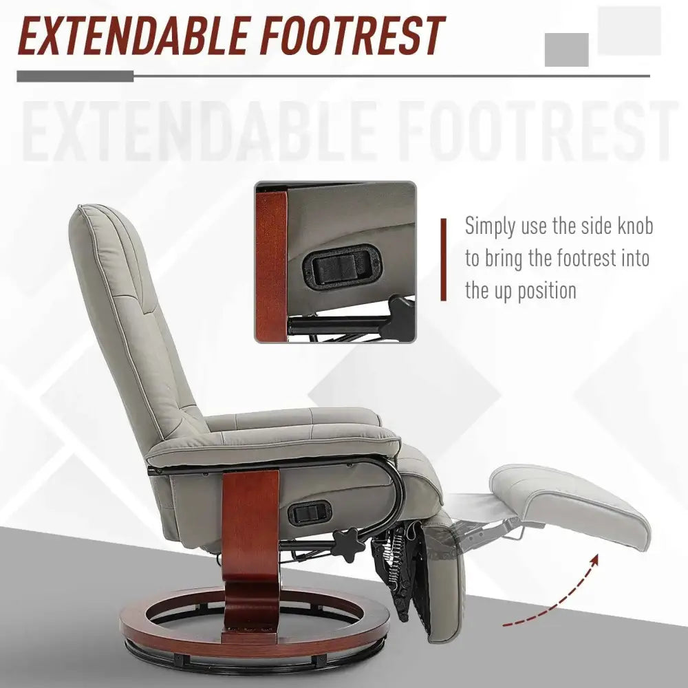 Gray upholstered recliner chair with a wooden base and extendable footrest.
