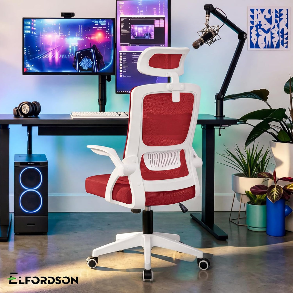 Ergonomic Office Chair, Mesh Desk Chairs with Headrest Lumbar Support, Executive Computer Swivel Chairs with Flip-Up Armrests, Comfy Seat, Height Adjustable, Rocking for Home, White & Red