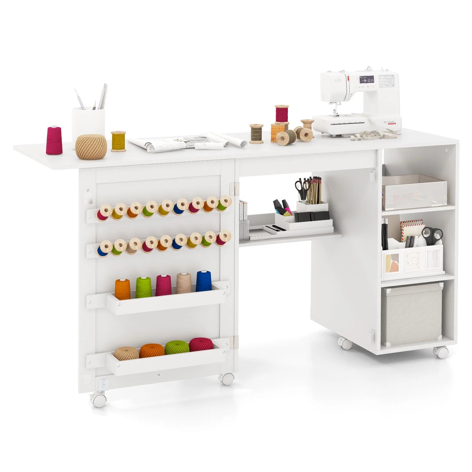 Folding Sewing Table with Storage Shelves and 18 Pegs and Lockable Casters