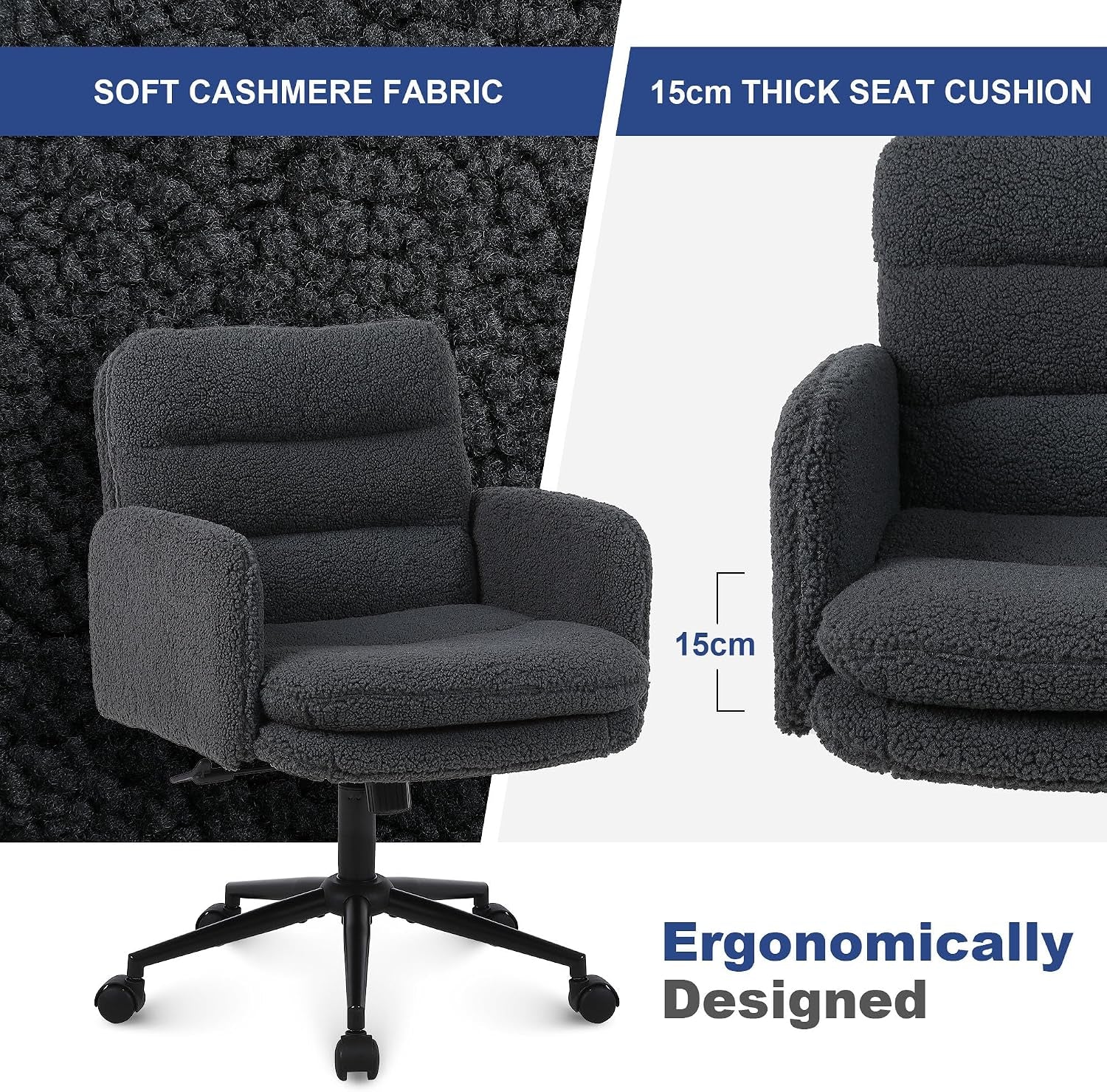 Office Chairs for Home, Faux Cashmere Desk Chair, Dark Grey