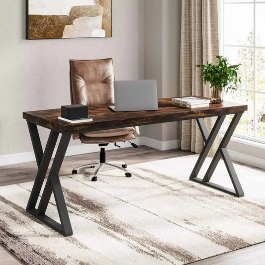 Rustic Brown 55 Inch Writing Computer Desk with Z Shaped Metal Legs - Ergo Heights
