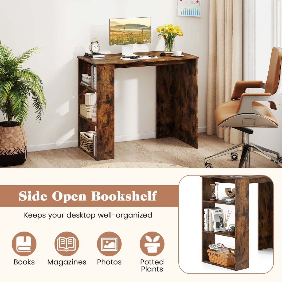 Computer Desk with Bookshelf for Study Living Room