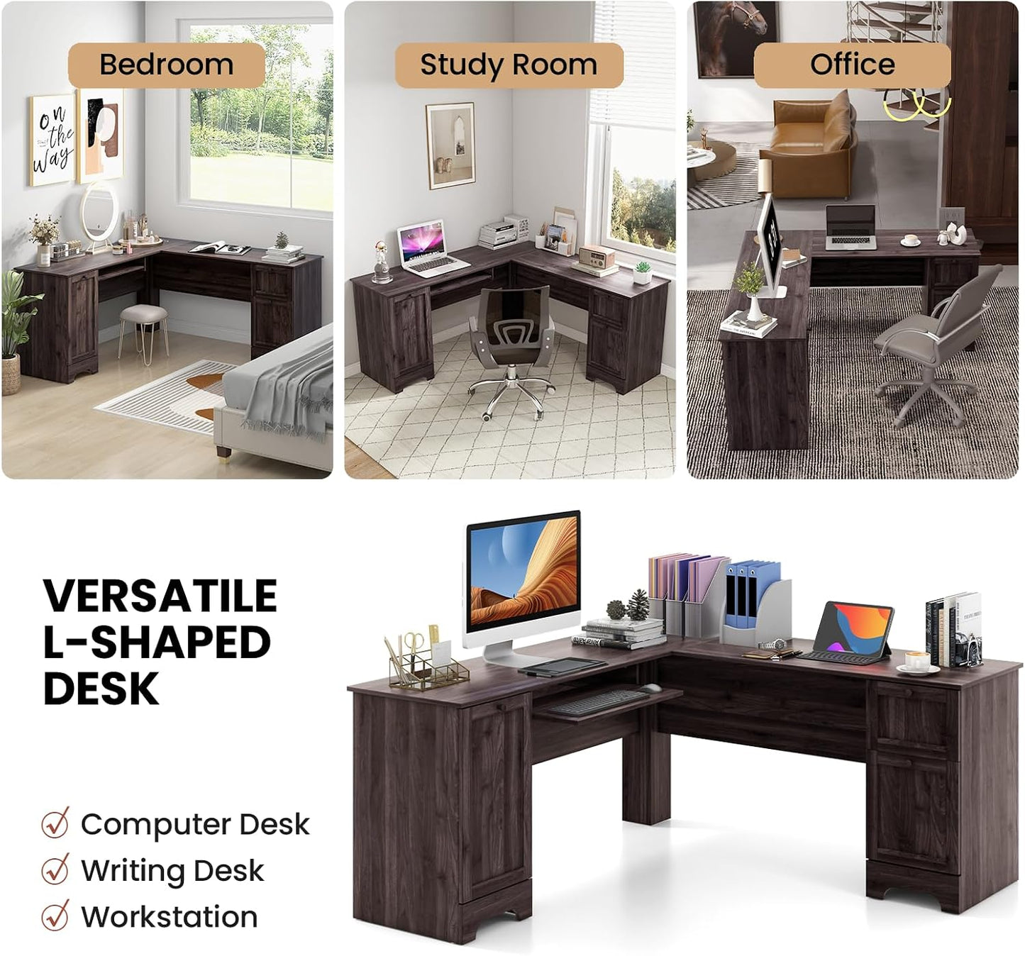 L-Shaped Computer Desk, 170Cm Reversible Corner Desk with Drawers, Cabinet & Keyboard Tray, Modern Office Desk Wooden PC Laptop Table for Home Office Bedroom (Dark Brown)