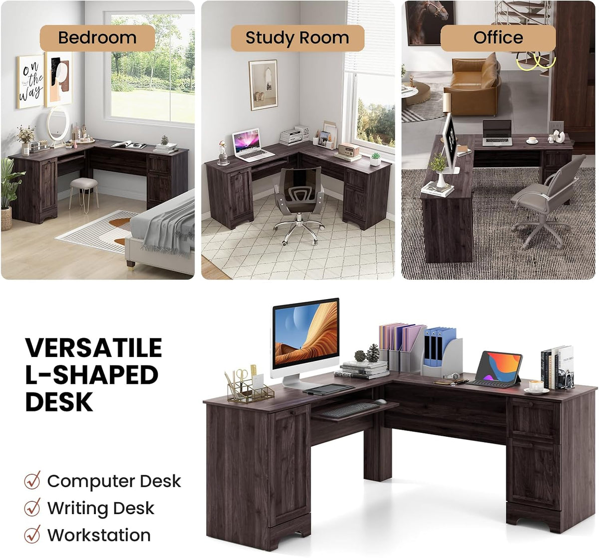 L-Shaped Corner Desk 170 cm | Drawers, Cabinet & Keyboard Tray | Dark Brown - Ergo Heights