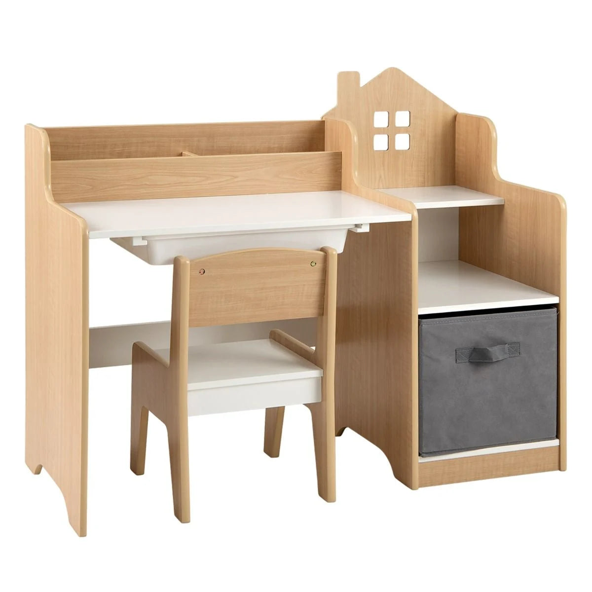Kids Study Desk and Chair Set Children Study Table with Open Shelves