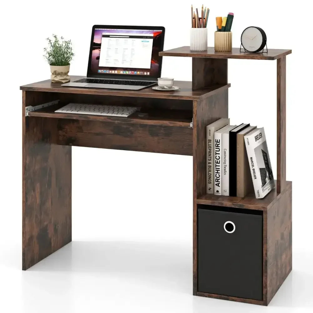 Space-Saving Computer Desk with Open Shelf and Fabric Storage Drawer - Ergo Heights