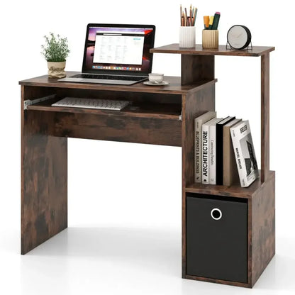 Space-Saving Computer Desk with Open Shelf and Fabric Storage Drawer - Ergo Heights