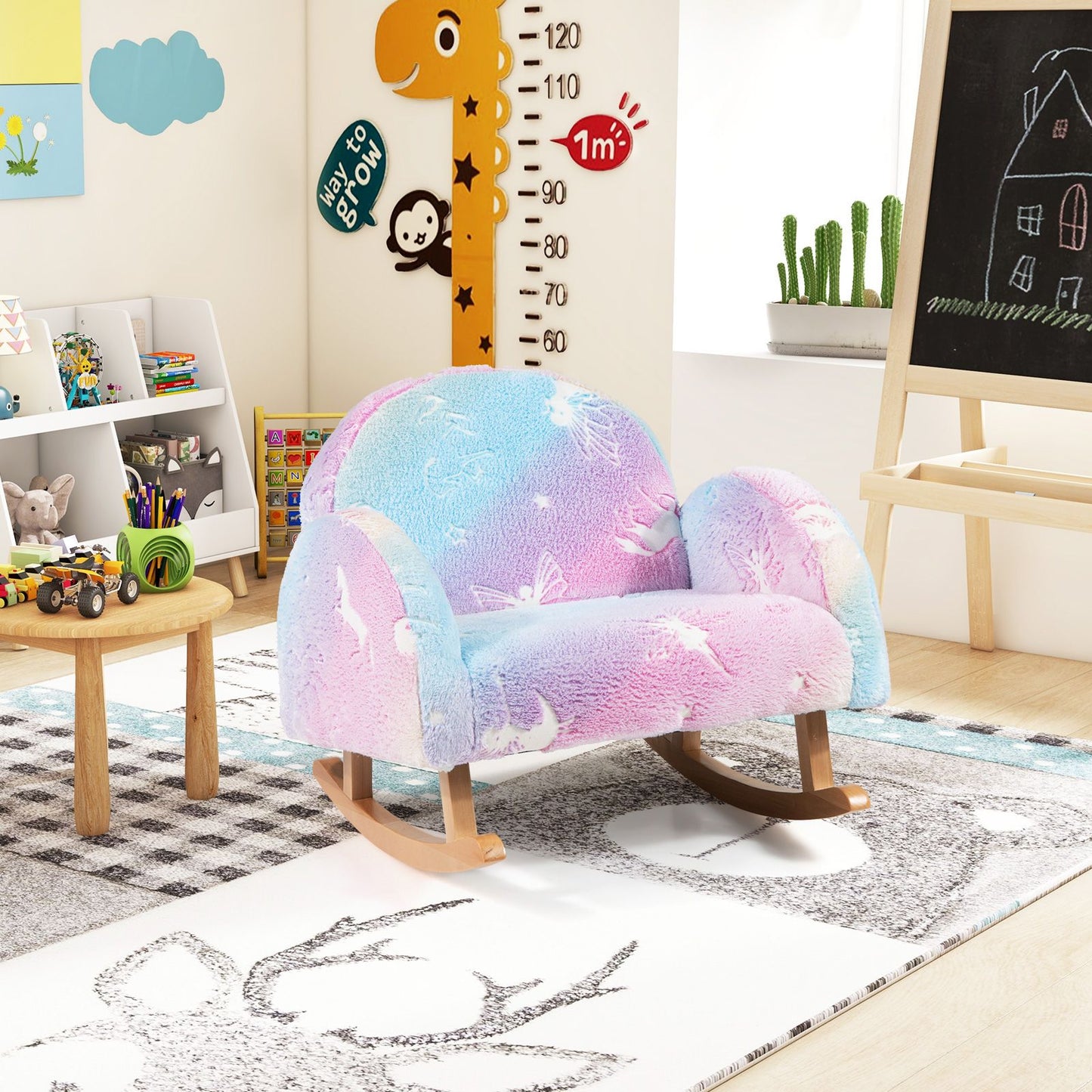 Upholstered Kids Rocking Chair with Luminous Effect and Poplar Wood Rocking Feet
