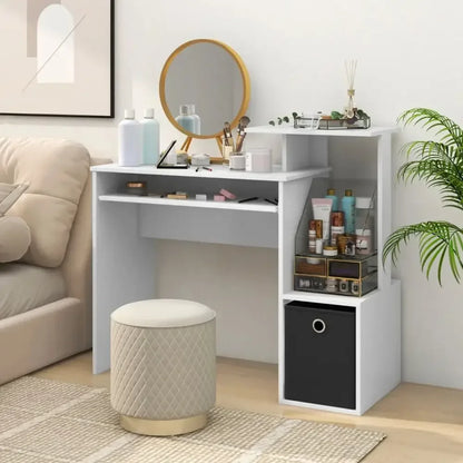 Space-Saving Computer Desk with Open Shelf and Fabric Storage Drawer - Ergo Heights