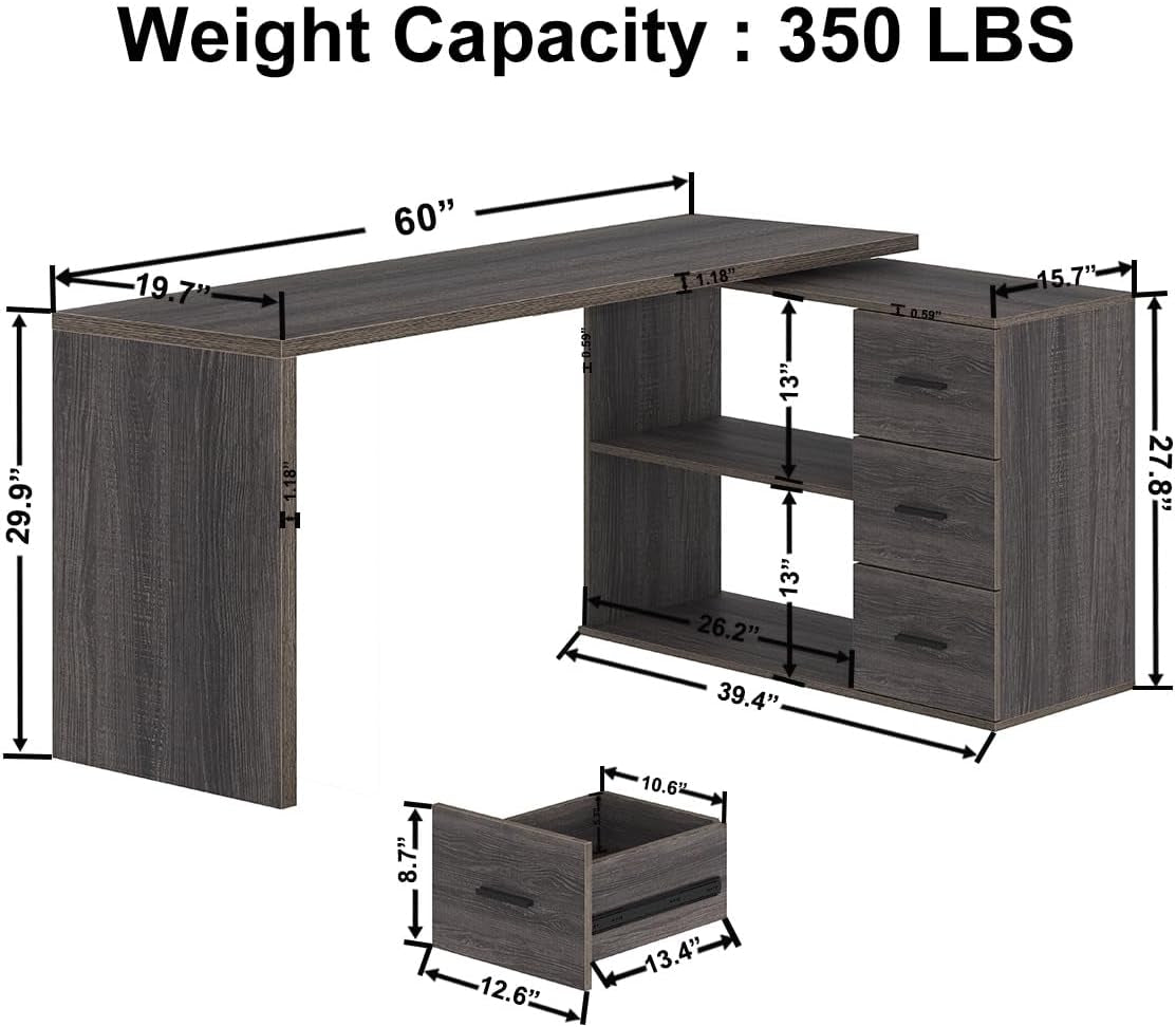 L Shaped Computer Desk Corner Home Office Desk with Drawers 150Cm Grey