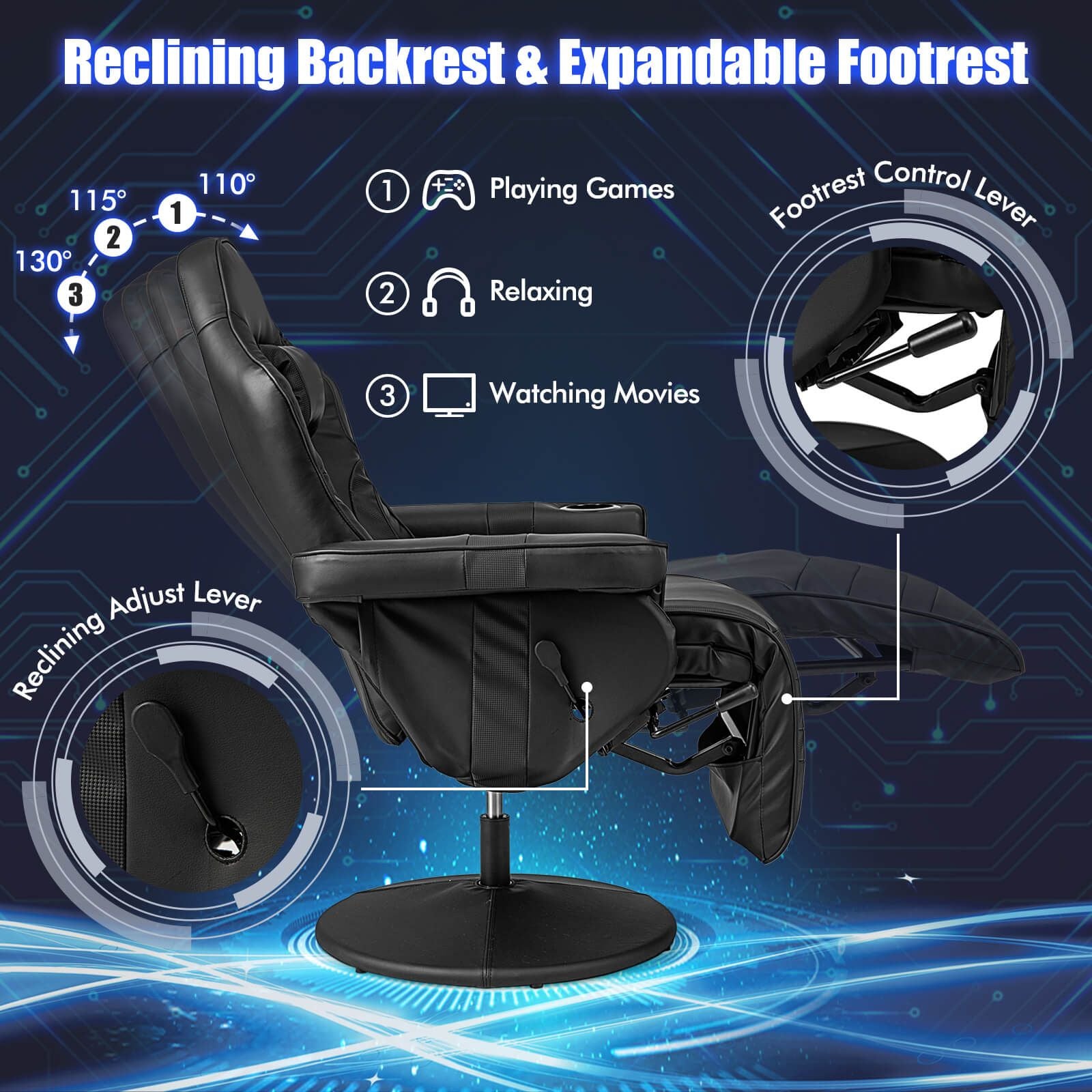 Electric Massage Gaming Chair with Cup Holder and Side Pouch