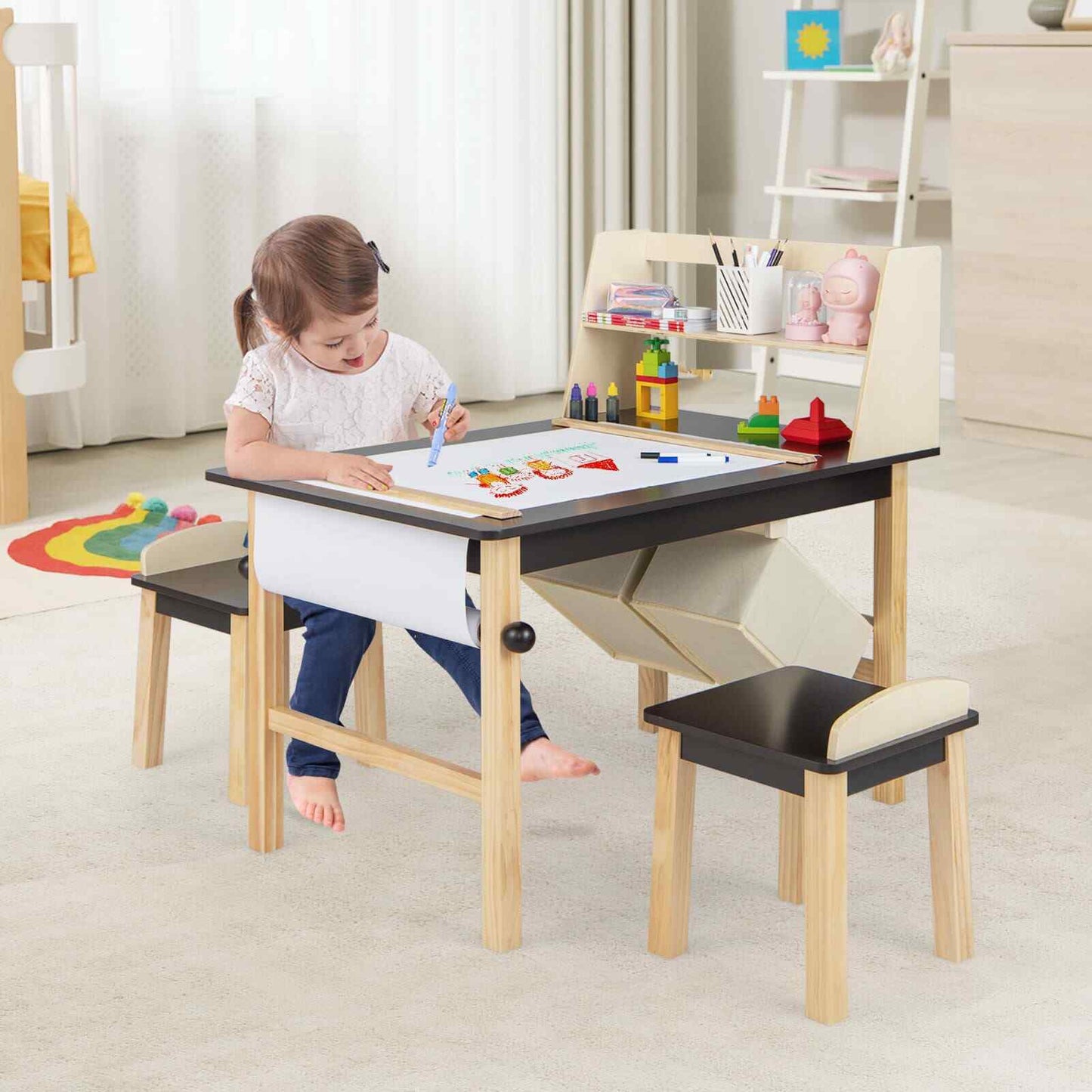 Kids Table & Chair Set Children Wooden Toddler Drawing Art Desk-Coffee