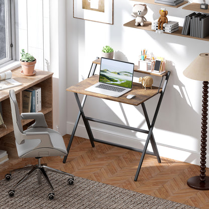 Small Folding Desk W/ Monitor Shelf 81.5 Cm Foldable Computer Desk Rustic Brown