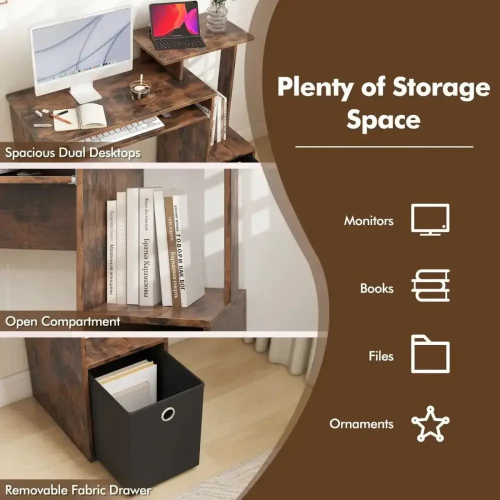 Space-Saving Computer Desk with Open Shelf and Fabric Storage Drawer - Ergo Heights