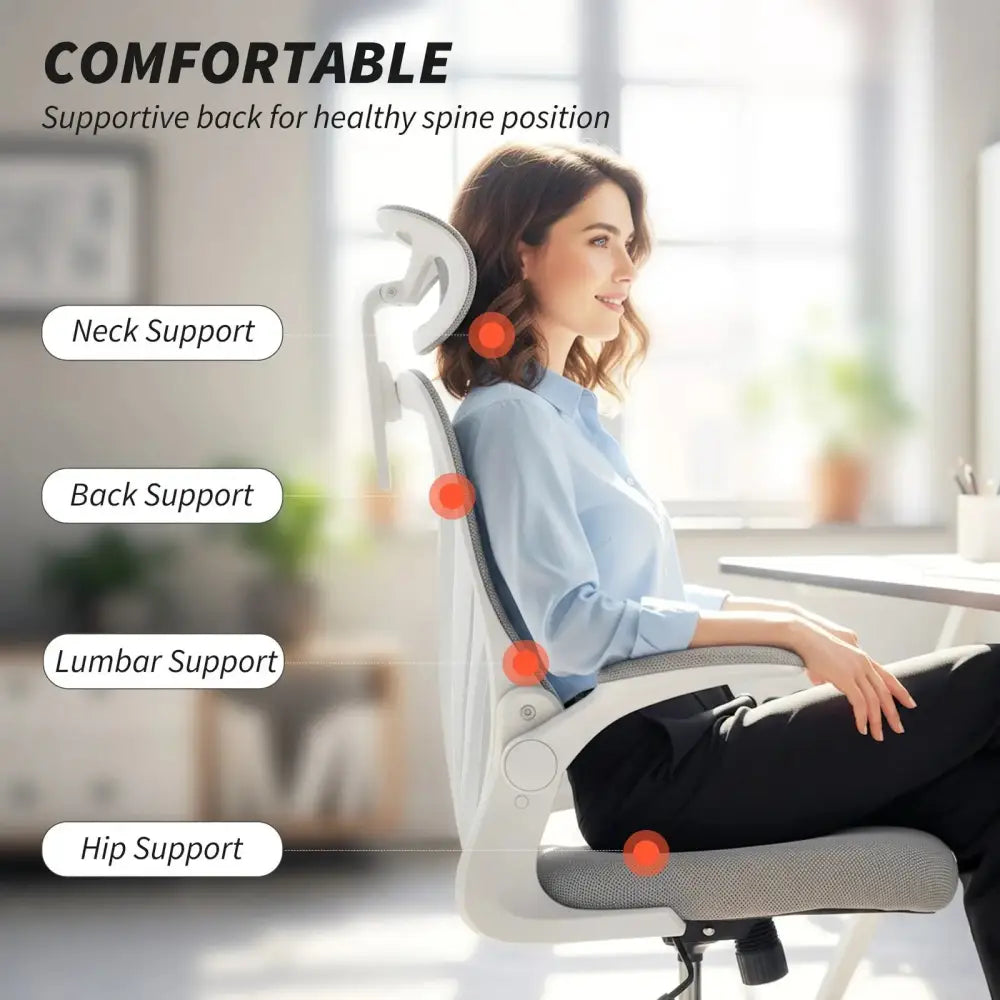 Office Chair, Ergonomic Desk Chair with Foldable Backrest, 2D Headrest, Grey