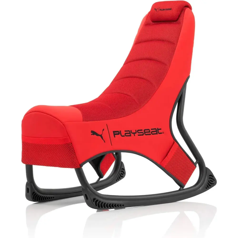 Red puma playseat gaming chair with black plastic frame and mesh fabric upholstery.