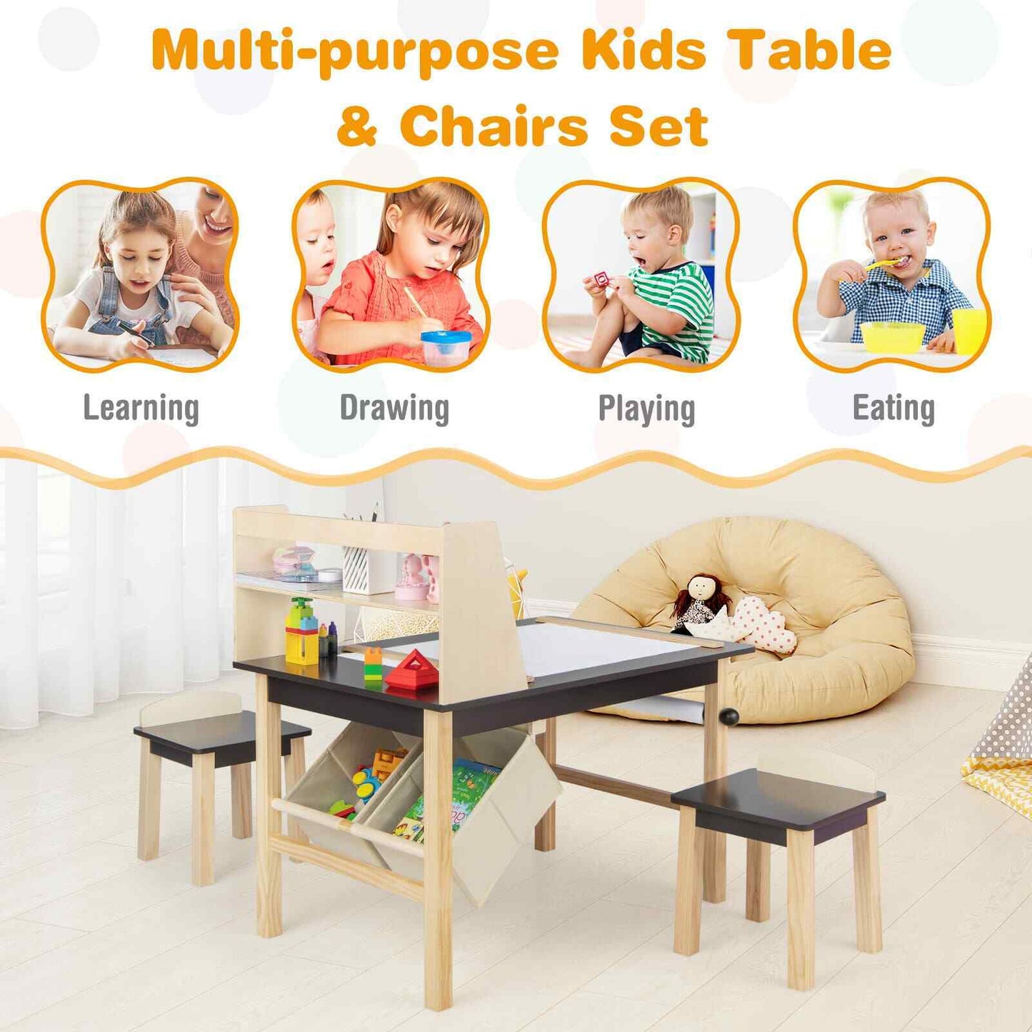 Kids Table & Chair Set Children Wooden Toddler Drawing Art Desk-Coffee
