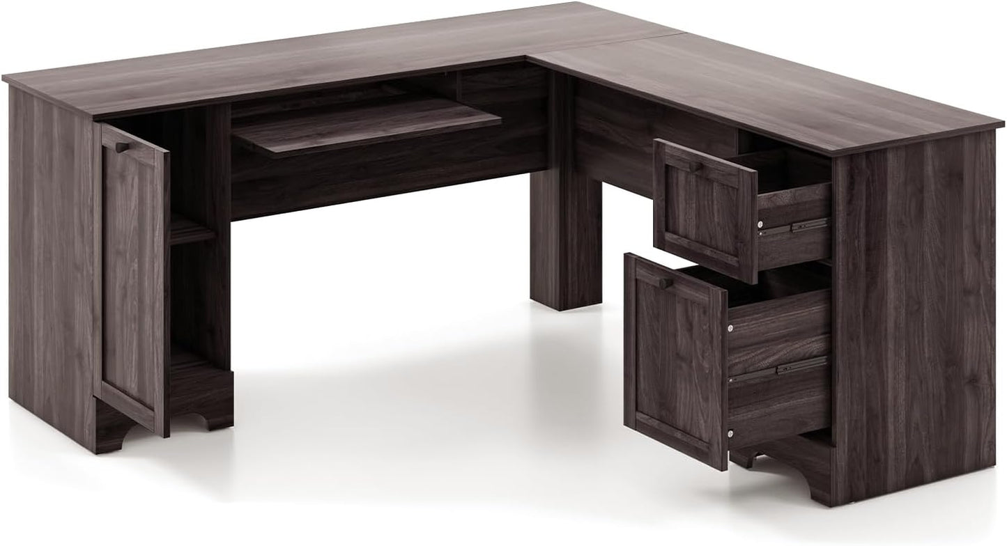L-Shaped Computer Desk, 170Cm Reversible Corner Desk with Drawers, Cabinet & Keyboard Tray, Modern Office Desk Wooden PC Laptop Table for Home Office Bedroom (Dark Brown)