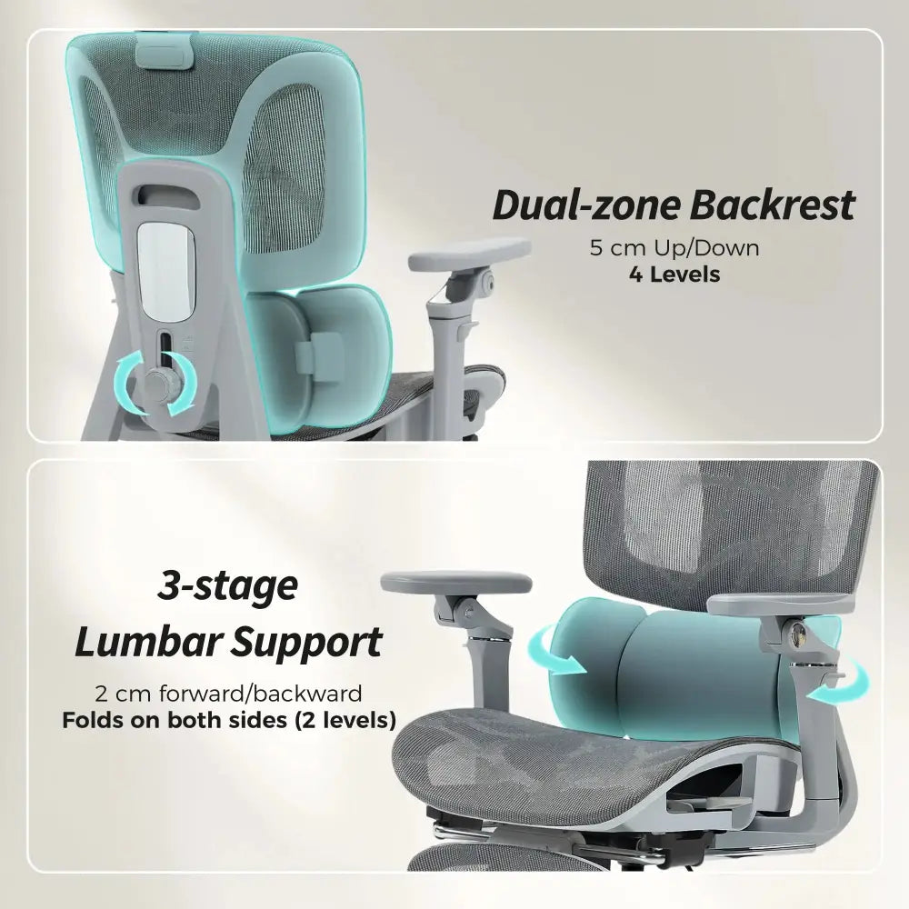 Ergonomic office chair with separated dual-zone backrest, high-back grey mesh desk chair, 3-stage lumbar support.