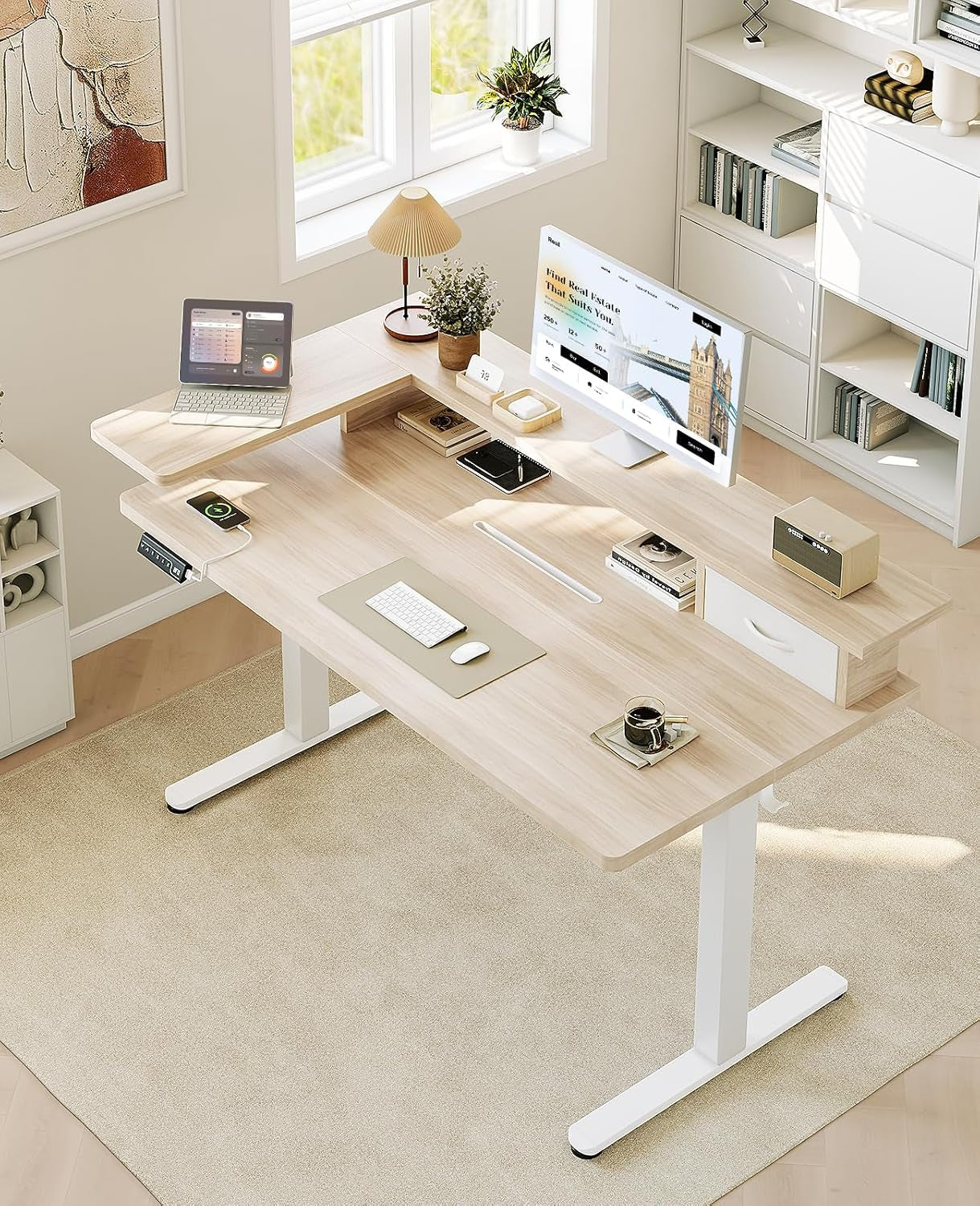 Standing Desk with Drawers & Monitor Stand, USB Port, 120Cm Beige