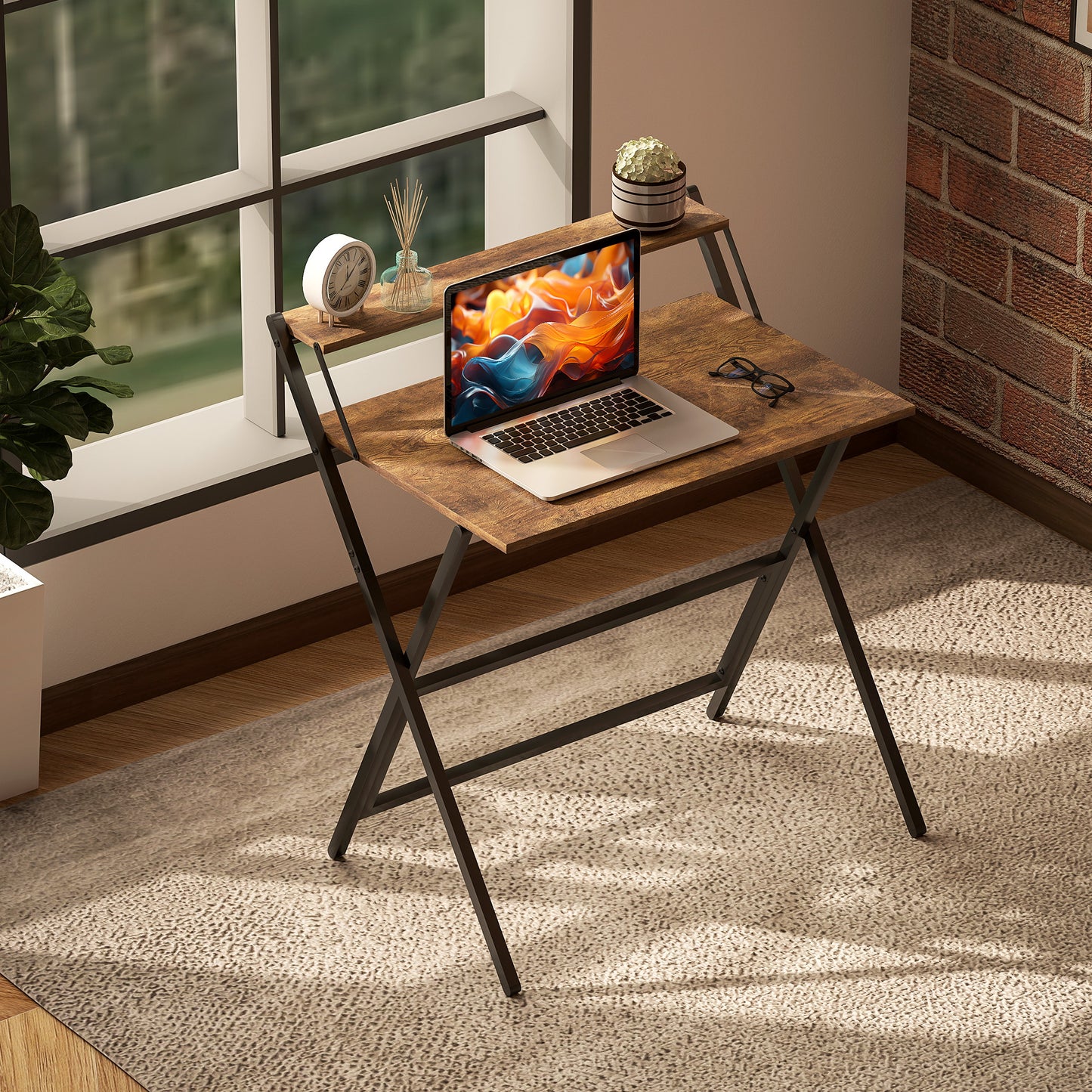 Small Folding Desk W/ Monitor Shelf 81.5 Cm Foldable Computer Desk Rustic Brown