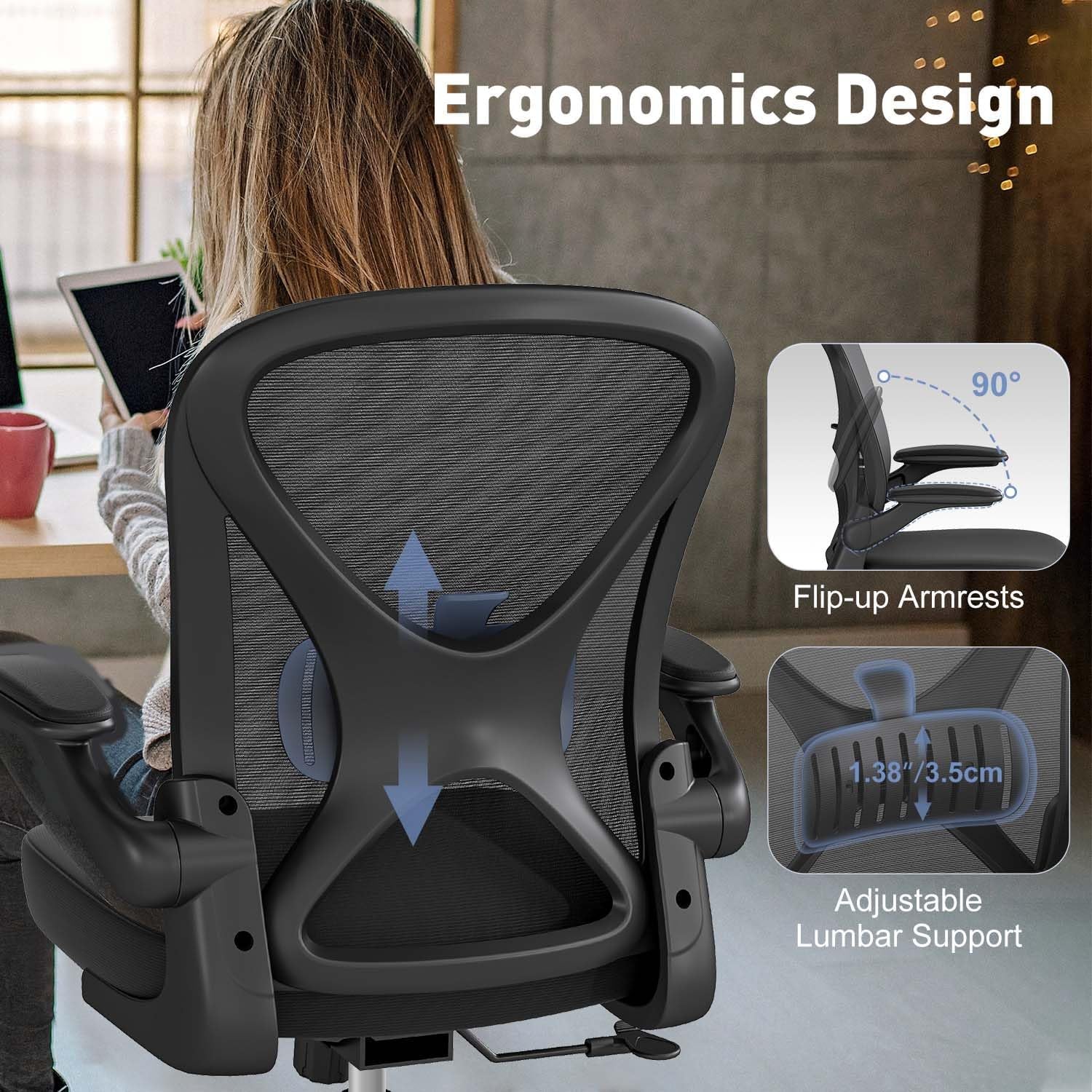 Ergonomic Mesh Office Chair with Adjustable Lumbar Support ＆ Flip-Up Arms, Breathable Computer Home Desk Chair with 360 & Height Adjustment, Black