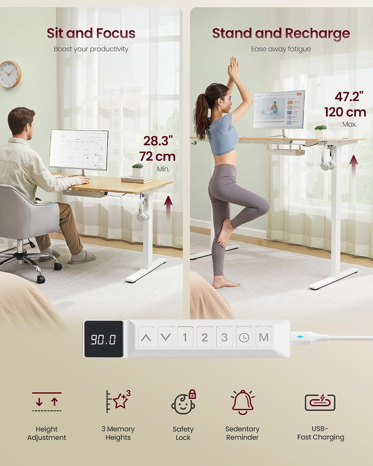 Electric Standing Desk, USB C Port, Cable Tray, Golden Oak