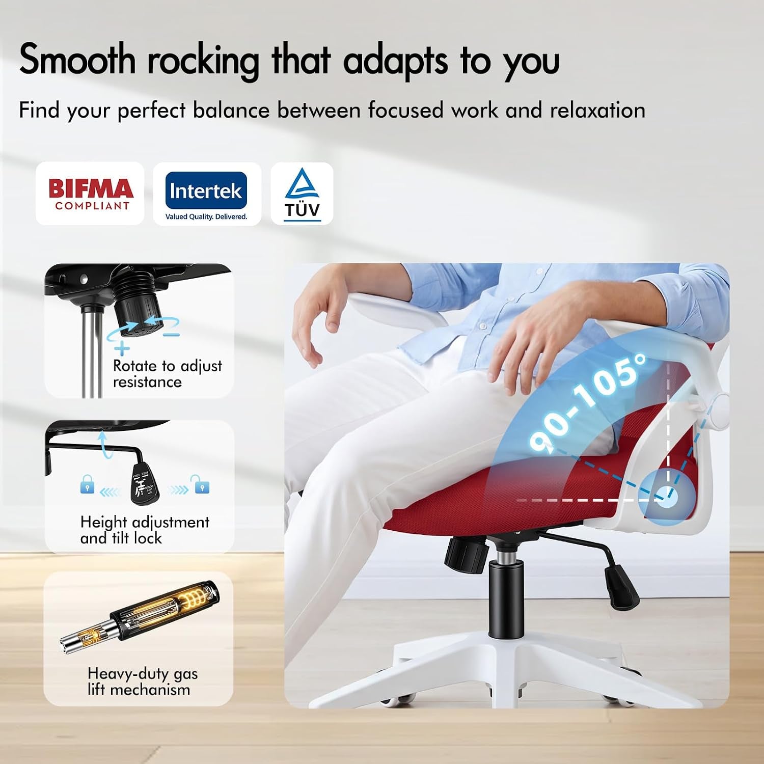 Ergonomic Office Chair, Mesh Desk Chairs with Headrest Lumbar Support, Executive Computer Swivel Chairs with Flip-Up Armrests, Comfy Seat, Height Adjustable, Rocking for Home, White & Red