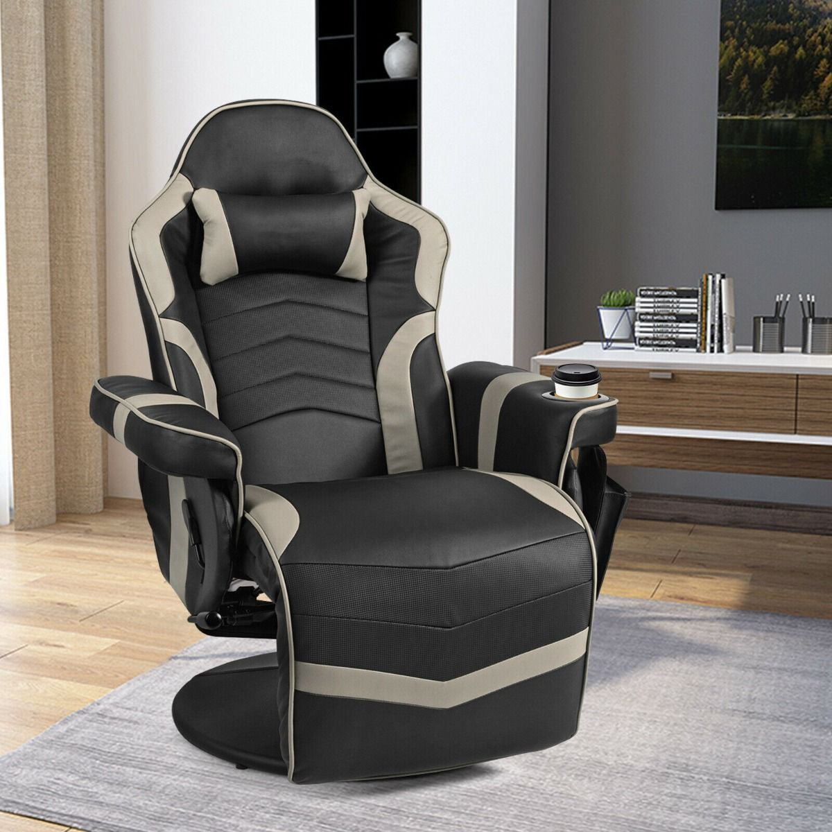 Electric Massage Gaming Chair with Cup Holder and Side Pouch