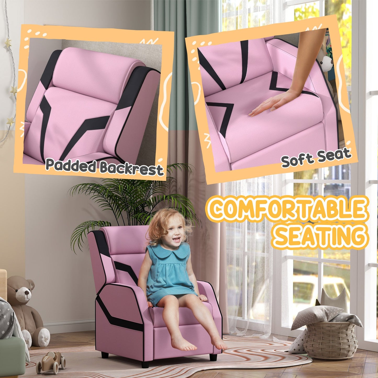 AIYAPLAY Kids Recliner, PU Leather Toddler Armchair Gaming Chair, Pink