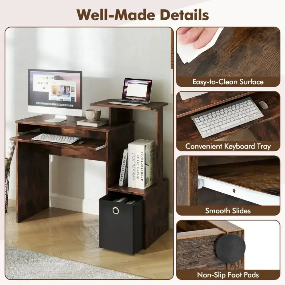 Space-Saving Computer Desk with Open Shelf and Fabric Storage Drawer - Ergo Heights
