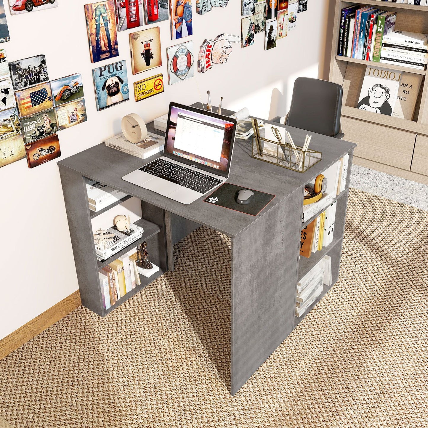 Computer Desk with Bookshelf for Study Living Room
