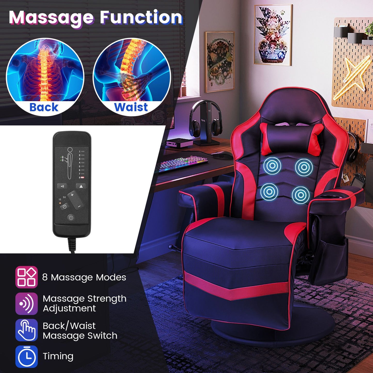 Electric Massage Gaming Chair with Cup Holder and Side Pouch