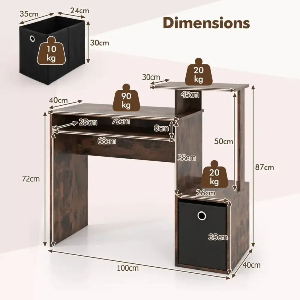 Space-Saving Computer Desk with Open Shelf and Fabric Storage Drawer - Ergo Heights