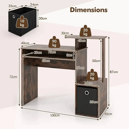 Space-Saving Computer Desk with Open Shelf and Fabric Storage Drawer - Ergo Heights