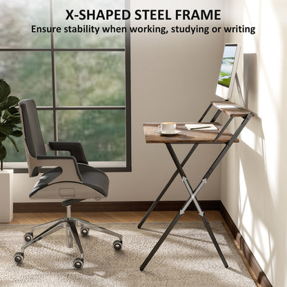 Small Folding Desk W/ Monitor Shelf 81.5 Cm Foldable Computer Desk Rustic Brown