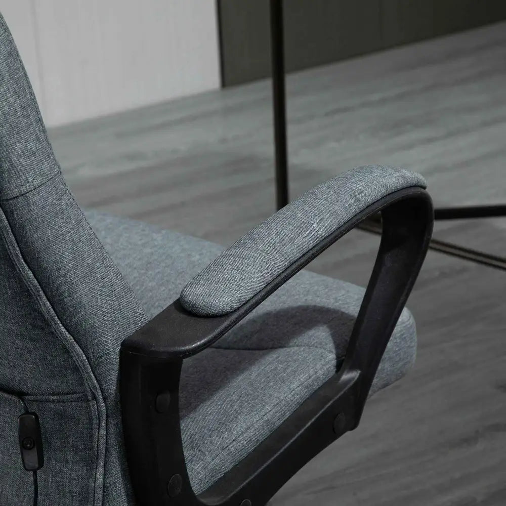 Gray textured fabric office chair with black plastic armrests.